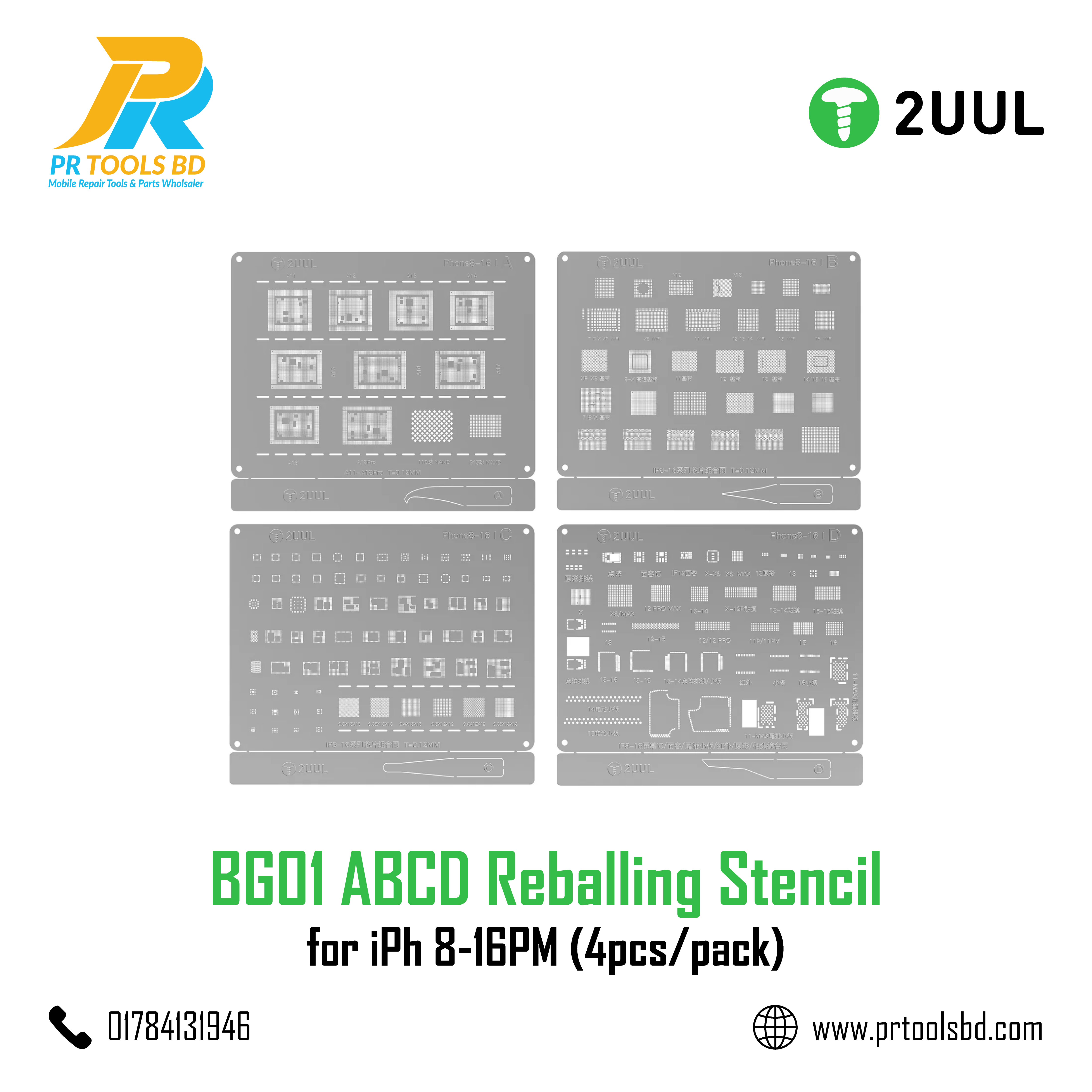 2UUL BG01 ABCD Reballing Stencil for iPh 8 16PM 4pcs pack
